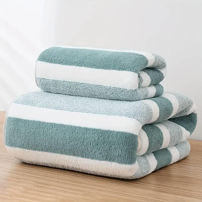 Dyzi White Green Ultra Absorbent Striped Towel Set Quick Dry Hand Bath Towels For Home & Outdoor - image 1