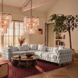 Sofaya Monaco Chesterfield 6 Seater Chaise Sofa Light Grey Velvet L Shaped Corner - Left Hand Deep Buttoned Upholstery Couch Lounge - thumbnail 1