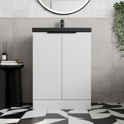 Affine Fluted 600mm White Floorstanding Vanity Unit Black Basin Soft Close Doors - image 1