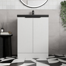 Affine Fluted 600mm White Floorstanding Vanity Unit Black Basin Soft Close Doors - thumbnail 1