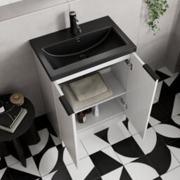 Affine Fluted 600mm White Floorstanding Vanity Unit Black Basin Soft Close Doors - thumbnail 3