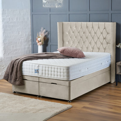 Bsspoke Cream Velvet Divan Bed Chesterfield Wingback End Lift Up Ottoman Storage With Mattress 54Inch Headboard In All Sizes - image 1