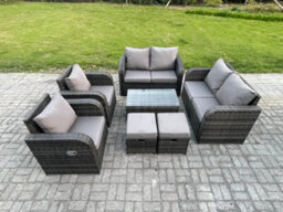 Fimous 8 Seater Rattan Garden Furniture Set Patio Outdoor Lounge Sofa Set With Rectangular Coffee Table Footstool Love Sofa - thumbnail 1