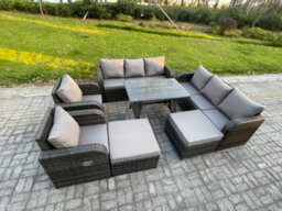 Fimous Rattan Garden Furniture Dining Set 10 Seater Patio Rectangular Table 2 Big Footstool Dark Grey Mixed - thumbnail 2