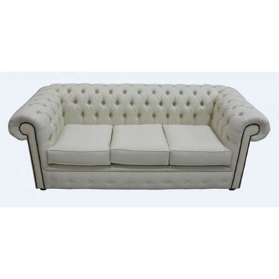 Chesterfield 3 Seater Sofa Settee Charles Cream Linen Fabric In Classic Style - image 1