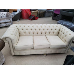 Chesterfield 3 Seater Sofa Settee Charles Cream Linen Fabric In Classic Style - thumbnail 4