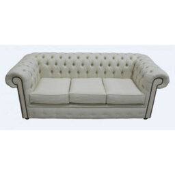 Chesterfield 3 Seater Sofa Settee Charles Cream Linen Fabric In Classic Style - thumbnail 1