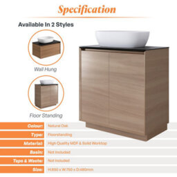 Plum&clay Matterhorn Oak Floor Standing Bathroom Vanity Unit With Black Countertop (W)750mm (H)850mm - thumbnail 4