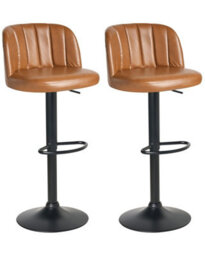 Wyld And Coco Nova Bar Stool Set Of 2 Golden Brown Faux Leather Swivel Retro - Adjustable Height, Iron Base - thumbnail 3