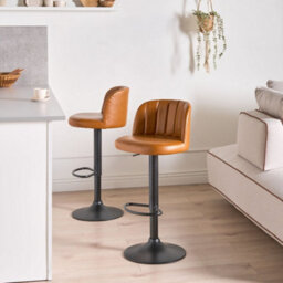 Wyld And Coco Nova Bar Stool Set Of 2 Golden Brown Faux Leather Swivel Retro - Adjustable Height, Iron Base - thumbnail 2