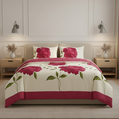Reversible Floral Duvet Set Elegant Flower Stripe Pattern Bedding For Home Decor Fuchsia - image 1