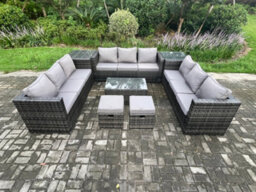 Fimous 11Seater Outdoor Lounge Sofa Set Wicker Pe Rattan Garden Furniture Set With Oblong Coffee Table 2 Small Footstools - thumbnail 1