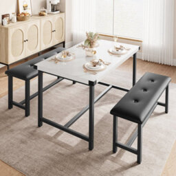 White Wooden 3 Piece Bench Set 2 Benches & A Dining Table - thumbnail 3