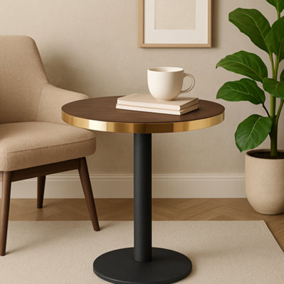 70Cm Round Walnut Bistro Table With Brushed Gold Edge & Black Round Pedestal Base - image 1