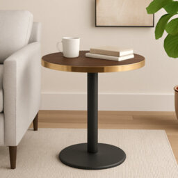70Cm Round Walnut Bistro Table With Brushed Gold Edge & Black Round Pedestal Base - thumbnail 2