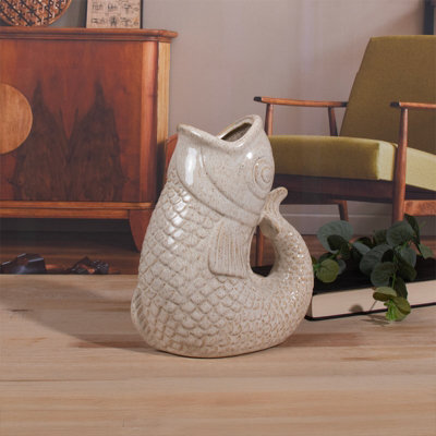 Ceramic Fish Gurgle Jug Vase Cream 23Cm Decorative Home Ornament Coastal Gift