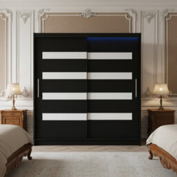 Bega Xi 180 Cm Sliding Door Wardrobe With Shelves And Hanging Rail Storage Black With White And Led Lights - thumbnail 1