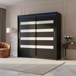 Bega Xi 180 Cm Sliding Door Wardrobe With Shelves And Hanging Rail Storage Black With White And Led Lights - thumbnail 2