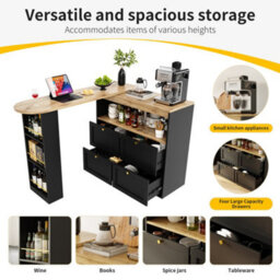 Abrihome Multi-Room Swivelling Bar Table With Storage, Swivelling Bar Table With 4 Drawers & Open Shelves, Black (105X39X102Cm) - thumbnail 5