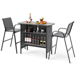 Costway 3 Piece Outdoor Bar Set Patio Metal Bar Table & Fabric Chairs Set