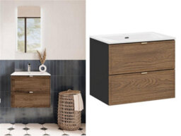 Impact Furniture Vanity Unit With Basin Wall Hung 600mm Bathroom Sink Cabinet Dark Oak Walnut Effect Drawers Black Mid Century Modern Talia