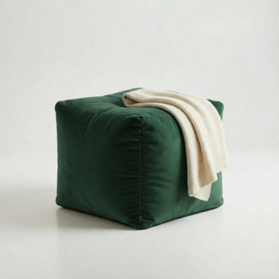 Kosi Atelier Kosiatelier Bean Bag Velvet Footstool Ottomona Cube Pouf Chair Pouffe, Polystyrene Beads Filled - Bottle Green, 35Cm X 35Cm X 35Cm - image 1