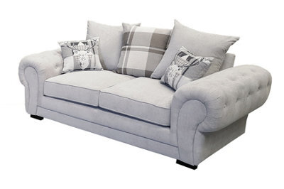 Verona 2 Seater Sofa Light Grey Velour Fabric Chesterfield Style Scatter Cushions - image 1