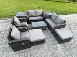Fimous High Back Rattan Garden Furniture Set With Loveseat Sofa Coffee Table 2 Side Tables 2 Big Footstool Indoor Outdoor - thumbnail 2