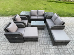 Fimous High Back Rattan Garden Furniture Set With Loveseat Sofa Coffee Table 2 Side Tables 2 Big Footstool Indoor Outdoor - thumbnail 1