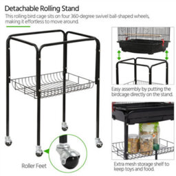 Yaheetech Black Open Top Metal Bird Cage Large Rolling Parrot Cage W/ Slide-Out Tray - thumbnail 6
