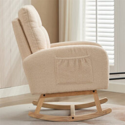 Abrihome Teddy Fabric Rocking Chair With Adjustable Footrest, High-Back Lounge Armchair With Solid Wood Legs & Side Pockets, Beige - thumbnail 8