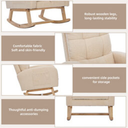 Abrihome Teddy Fabric Rocking Chair With Adjustable Footrest, High-Back Lounge Armchair With Solid Wood Legs & Side Pockets, Beige - thumbnail 3