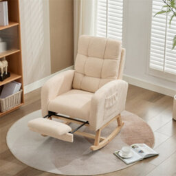 Abrihome Teddy Fabric Rocking Chair With Adjustable Footrest, High-Back Lounge Armchair With Solid Wood Legs & Side Pockets, Beige - thumbnail 7