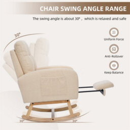 Abrihome Teddy Fabric Rocking Chair With Adjustable Footrest, High-Back Lounge Armchair With Solid Wood Legs & Side Pockets, Beige - thumbnail 4
