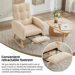Abrihome Teddy Fabric Rocking Chair With Adjustable Footrest, High-Back Lounge Armchair With Solid Wood Legs & Side Pockets, Beige - thumbnail 5