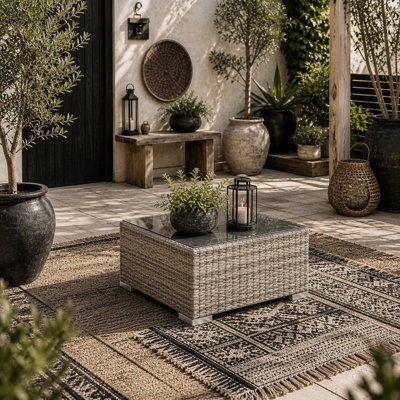 Wyld Haus Vimito Light Grey Square Rattan Outdoor Side Table With Tempered Glass Top, 65 X 65 X 37.5 Cm - image 1