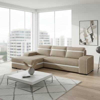 Finn Living Room Corner Sofa Bed With Sinuous Spring Wooden Frame Legs Storage Container 285X165X90Cm Beige And White Left - image 1