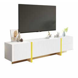 Abrihome 190Cm Modern Tv Unit With 3 Doors & 2 Drawers, White With Gold And Wood Grain Storage Cabinet For Living Rooms