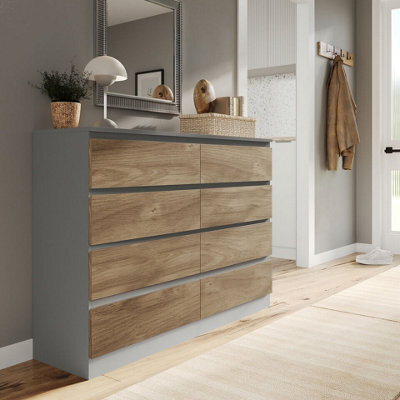 Urbn-Living Urbnliving 120Cm Wide Grey Wooden Chest Of Oak 8 Drawers Bedroom Furniture Storage Bedside Modern Cabinet - image 1