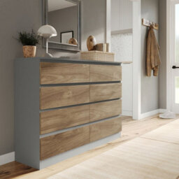 Urbn-Living Urbnliving 120Cm Wide Grey Wooden Chest Of Oak 8 Drawers Bedroom Furniture Storage Bedside Modern Cabinet