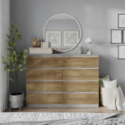 Urbn-Living Urbnliving 120Cm Wide Grey Wooden Chest Of Oak 8 Drawers Bedroom Furniture Storage Bedside Modern Cabinet - thumbnail 3