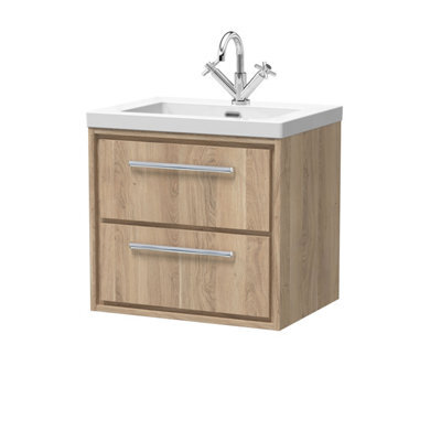 Hudson Reed Lille Wall Hung Two Drawer Contemporary Vanity Unit With 1 Tap Hole Basin In Bleached Oak, 613 X 462mm - image 1