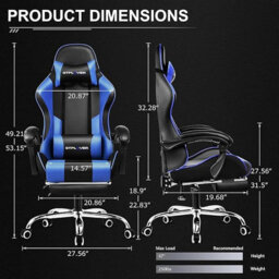 Gtplayer Gaming Chair, Massage Computer Chairs With Footrest, Height Adjustable Ergonomic 360 Degree Swivel Pc Chair, Blue - thumbnail 2
