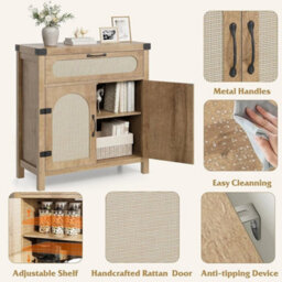 Sideboard Storage Cabinet Wooden Buffet With Drawer Rattan Woven Doors Cupboard - thumbnail 3