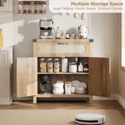 Sideboard Storage Cabinet Wooden Buffet With Drawer Rattan Woven Doors Cupboard - thumbnail 5