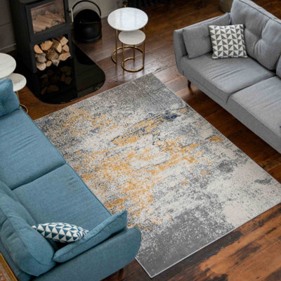 Loomed Silver Grey Ochre Distressed Abstract Area Rug 120X170Cm - image 1