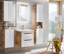Impact Furniture Small Bathroom Cabinet Slim Wall Storage Unit Compact Cupboard 350mm White Gloss And Oak Scandi Modern Arub - thumbnail 8