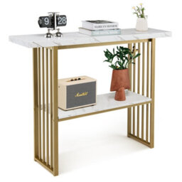 Costway 2-Tier Console Table White Faux Marble Sofa Table Modern Entryway Hallway Narrow Table - thumbnail 1