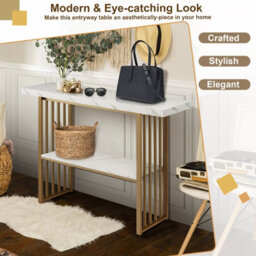 Costway 2-Tier Console Table White Faux Marble Sofa Table Modern Entryway Hallway Narrow Table - thumbnail 6