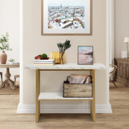 Costway 2-Tier Console Table White Faux Marble Sofa Table Modern Entryway Hallway Narrow Table - thumbnail 3